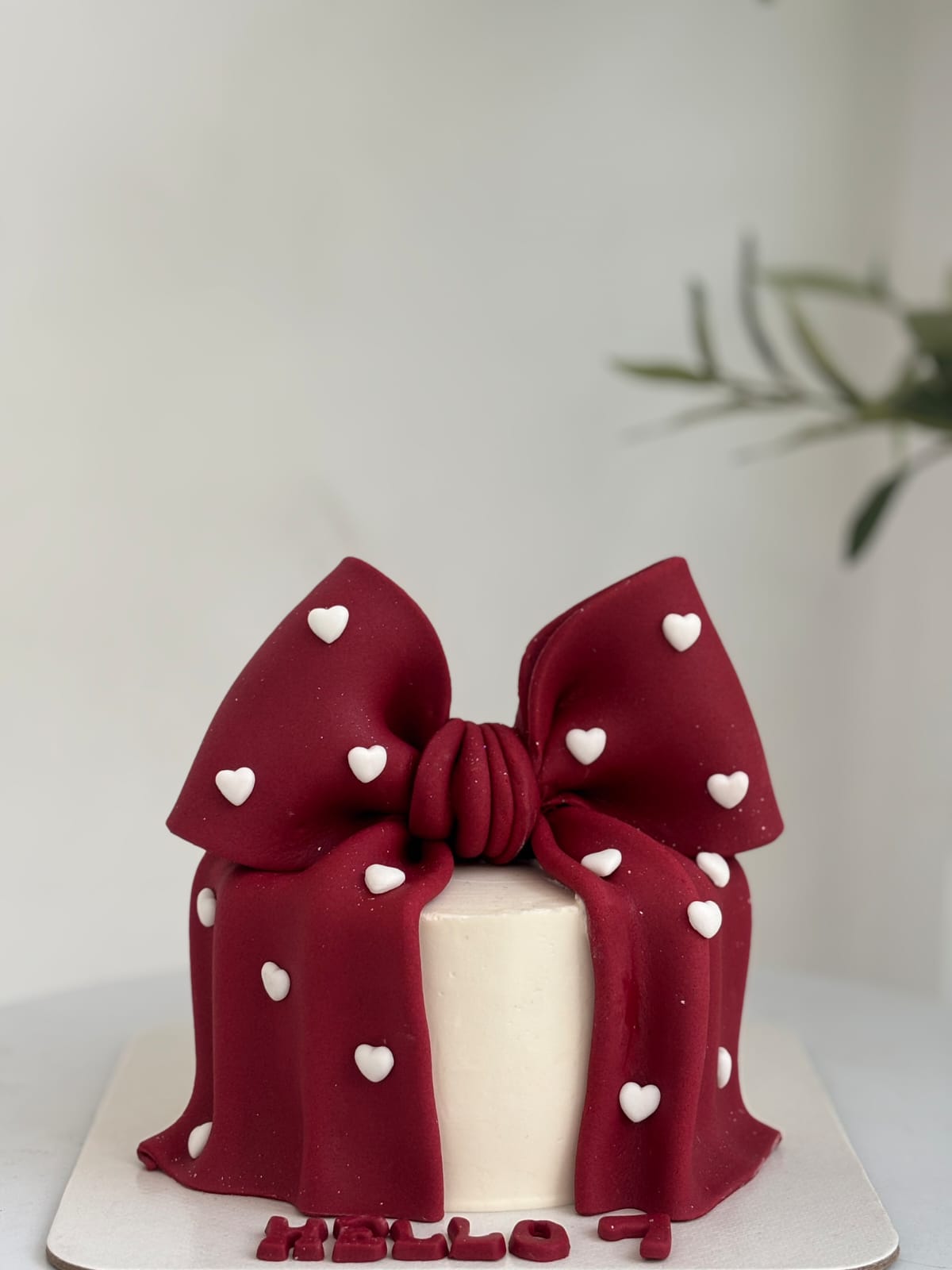 Ruby bow cake with white hearts